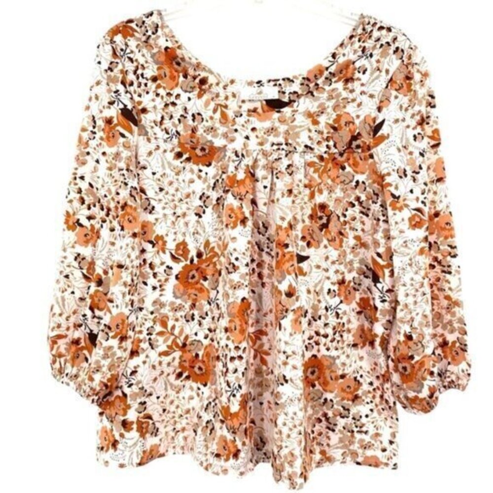 Sunland 17 Floral Peasant Top Lightweight Flowy Rust Orange